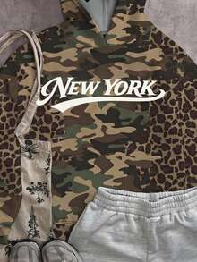 SHEIN EZwear 女款休閒運動風復古豹紋迷彩紐約運動衫 秋冬街頭穿搭 日常度假聖誕 橄欖綠淺灰色 - 彩色 - 查看 4