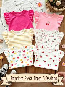 Souflis Souflis 1件隨機款波西米亞花卉夏日淡黃條紋透明櫻桃圖案女款休閒簡約百搭圓領短袖上衣T恤，適合春夏日常穿著、旅行度假 - 彩色 - 查看 1