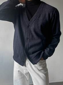 DAZY Spring/Autumn Navy Blue Tweed Fabric V-Neck Open Front Long Sleeve Commuter Men's Jacket And Coat - Navy Blue - View 5