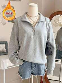 Rusticease Hoodie Rajut Leher Corong Seperempat Resleting untuk Wanita Ukuran Besar Lengan Panjang Pullover Sweatshirt Kasual Lembut Bentuk Sederhana Gaya Barat untuk Jalan-jalan Musim Gugur Merah Muda Musim Dingin - Grey - View 4