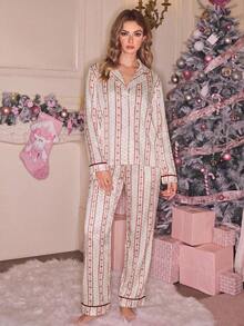SHEIN Women's Cotton Two Pieces Printed Red And White Pajama Sets - Red - View 4