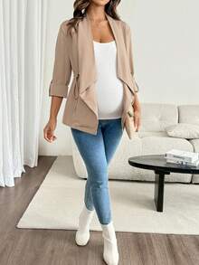 SHEIN Maternity Solid Color Ruched Casual Versatile Daily Wear Long Sleeve Jacket Fall - Khaki - View 6