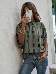 EMERY ROSE Kemeja Kasual Longgar untuk Liburan Wanita Ukuran Standar Musim Semi/Panas, Kerah Tegak, Lengan Kelelawar, Warna Polos, Motif Garis Geometris - MultiWarna - View 3