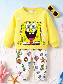 SpongeBob SquarePants | SHEIN GraphicGems 小男孩春秋兩件套，亮黃色可愛卡通印花上衣，創意水下滿版印花收口長褲休閒套裝 - 黃色 - 查看 6