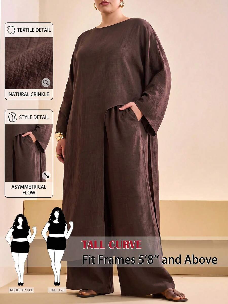 SHEIN Tall CURVE Bộ 2 món áo choàng dài màu trơn đa năng vạt bất đối xứng và quần ống rộng dáng suông có túi cho người size lớn - màu nâu - Xem 1