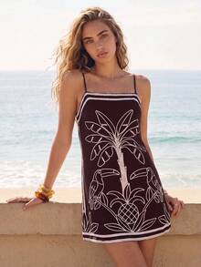 CAJUNI Vestido mini tropical con cuerda elegante para vacaciones - Marrón - Ver 6
