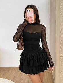 SHEIN EZwear Women's Romantic Elegant Goth Sexy Lace Ruffle Multi-Layer Hemline Dress Club Night Party Black Floral Autumn Halloween - Black - View 2