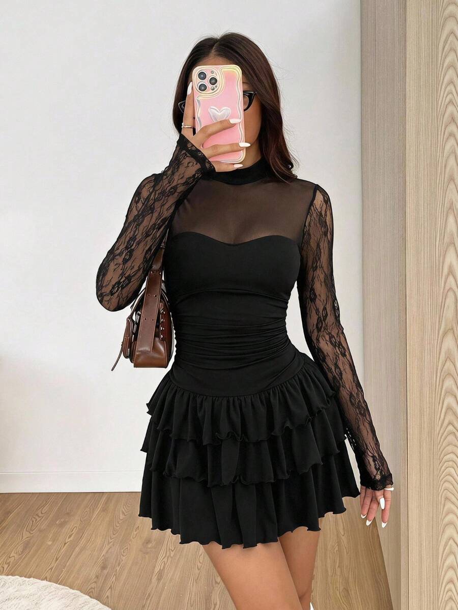 SHEIN EZwear Women's Romantic Elegant Goth Sexy Lace Ruffle Multi-Layer Hemline Dress Club Night Party Black Floral Autumn Halloween