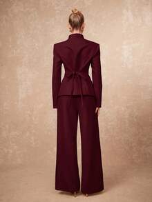 Lumalex Early Spring High Collar, Front Mid-Deep V-Neck, Contrast Color Leather Button - Burgundy - View 2