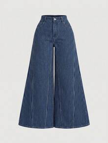 SHEIN MOD Plus Size Casual Striped Wide Leg Jeans - Blue - View 1