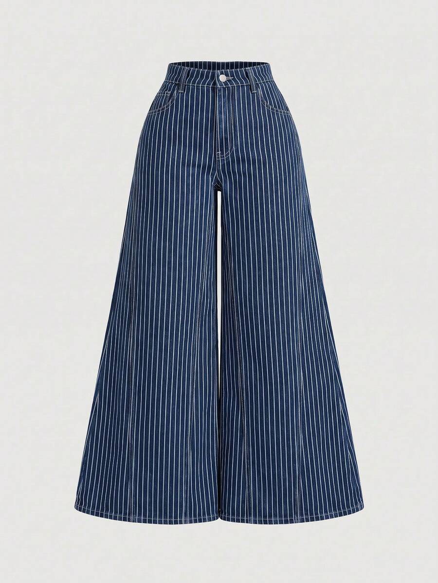 SHEIN MOD Plus Size Casual Striped Wide Leg Jeans - Blue - View 1