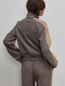 MUSERA 仿麂皮側條紋拉鍊高領運動夾克，秋季可愛日常甜美俏皮女孩風 - 灰色 - 查看 5
