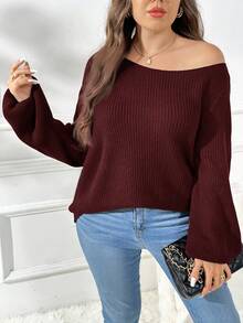 SHEIN Essnce 大码女装秋季女装新款时尚休闲通勤拉绒面料休闲纯色藏青色宽松多穿（单肩、斜肩、正肩）针织毛衣，毛衣套头露肩上衣，露肩长袖，秋季女式毛衣， - 紅色 - 查看 8