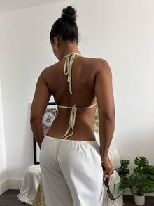leahseptember Tank Top Wanita Pendek Berpayet Bordir Hijau Model Halter Neck yang Memamerkan Perut, Serbaguna - Hijau - View 2