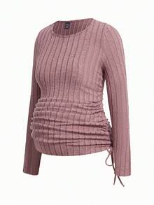 Modmama Maternity Casual Smart Versatile Solid Color Side Drawstring T-Shirt Winter Formal Photoshoot Black Brown Fuchsia Pink - Coffee Brown - View 12