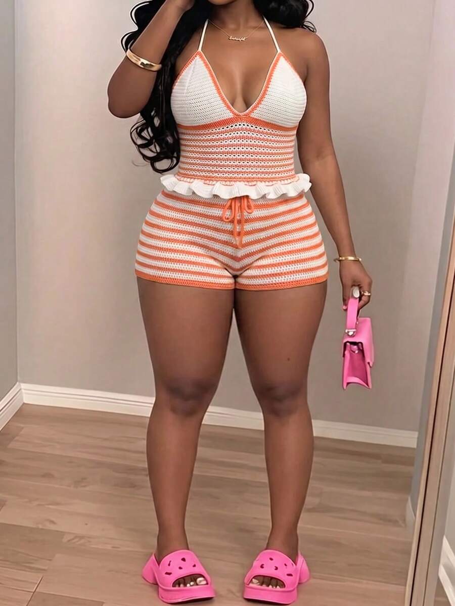 Slaydiva Plus Size Women's Striped Halter Knit Top And Knit Shorts Set, Casual Basic Style For Birthday Party, Daily Wear, Vacation, Cruise, Beach Summer - Orange - View 1