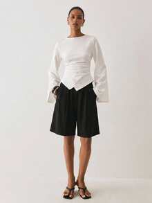 ATUI Studio Women's Tencel Wool Blend Bell Sleeve Knitted Ruched Waist T-Shirt With Asymmetric Hem - White - View 2
