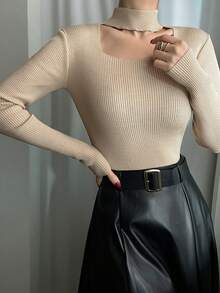 DAZY 女士纯色镂空修身毛衣，秋装 - 駝色 - 查看 6