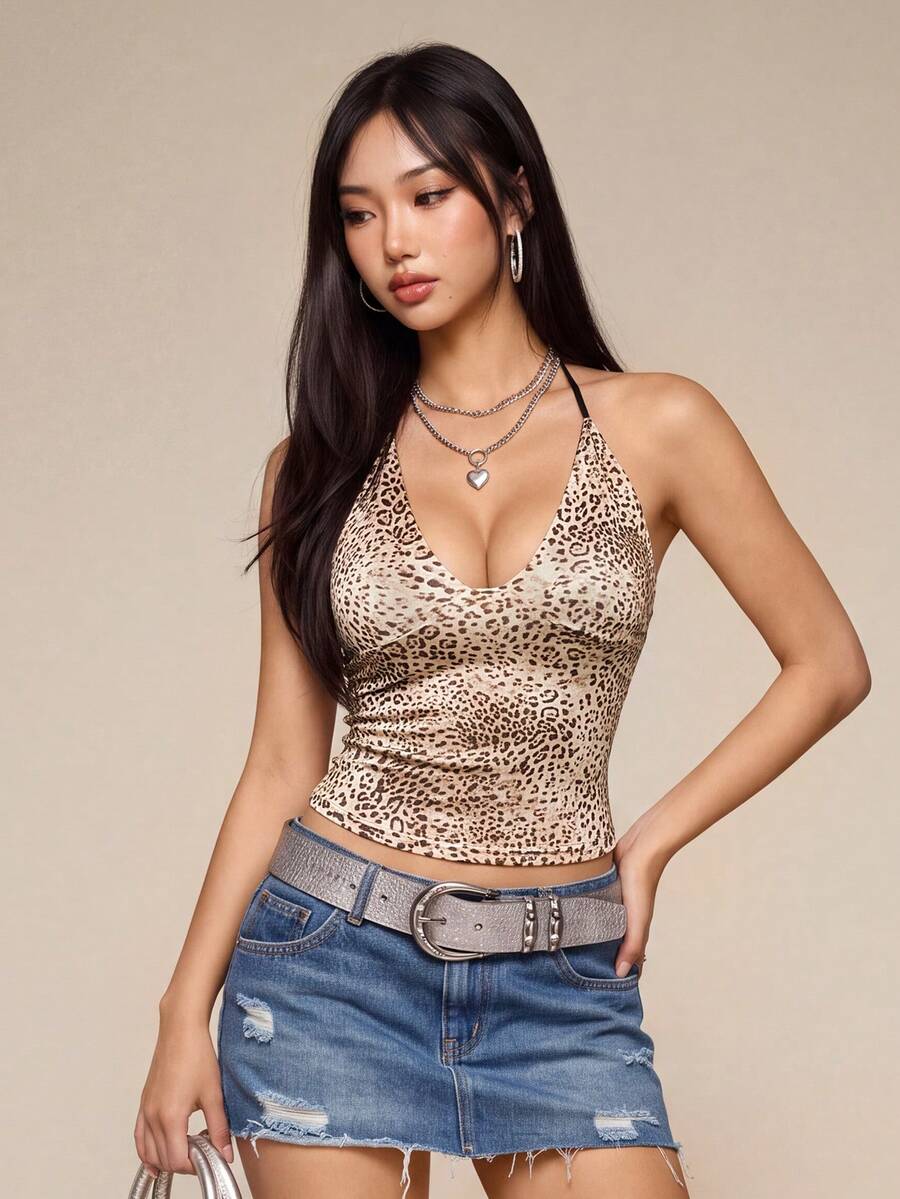 Rina Fox Women's Halter Neck Leopard Print Knitted Fabric Tank Top Regular Length - Multicolor - View 1