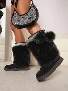 SHUZIA Women's Comfortable, Essential Faux Suede Fuzzy Slip On Ankle Boots For Christmas Valentine's Day - Black - View 7