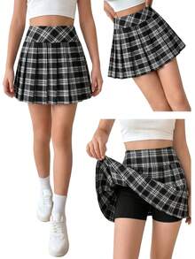 SHEIN Sparklyn 青少年女孩秋季服飾 休閒優雅格紋百褶裙 正式校服 畢業舞會 畢業典禮 大學派對 舞會 黑色 - 黑色 - 查看 3