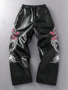 ROMWE MEN Street Life Men's Chinese Dragon Pattern Drawstring Waist Loose Casual Leather Pants - Black - View 5