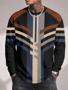 Gym Rark Kaos Lengan Panjang Pria Motif Garis Vertikal Geometris Multi Warna Retro, Tekstur Rib Vertikal Biru Tua Krem Kopi Abu-abu Hitam dengan Pola Kontras - MultiWarna - View 1
