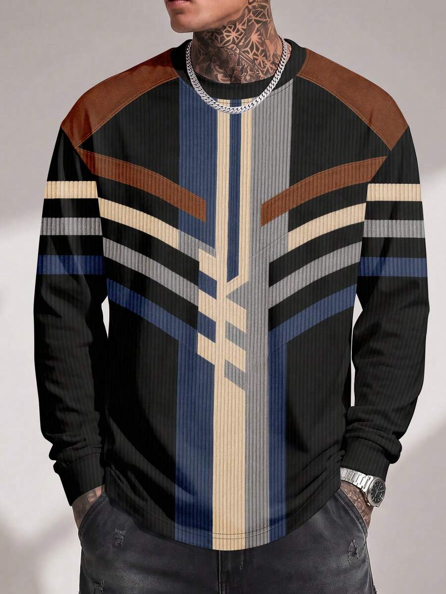 Gym Rark Kaos Lengan Panjang Pria Motif Garis Vertikal Geometris Multi Warna Retro, Tekstur Rib Vertikal Biru Tua Krem Kopi Abu-abu Hitam dengan Pola Kontras - MultiWarna - View 1