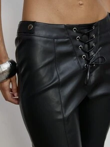 MUSERA Faux Leather Front Lace Up Grommet Capri Pants Autumn Cute Daily Girly Sweet Mischief - Black - View 5