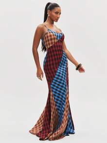 NYA SZN Dress Sleeveless Fitted Patchwork Plaid Club Party Sexy Concert Chic Cute Streetwear Brunch Everyday Casual Festival Y2K Red Blue Summer Fall Winter - Multicolor - View 5