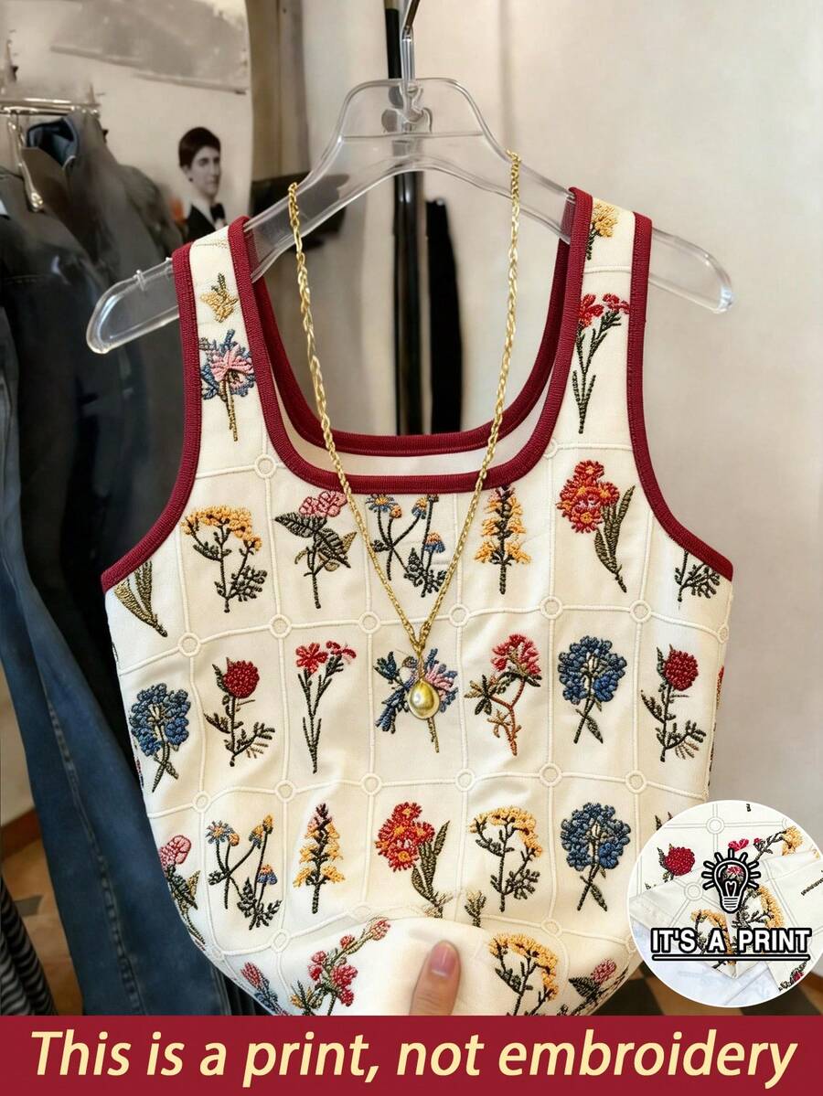 SHEIN 女士花卉刺绣圆领修身吊带背心 - 彩色 - 查看 1