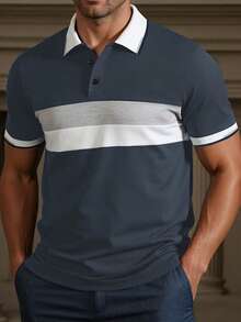 Manfinity Homme 大尺碼橫條紋藍白灰拼接羅紋拉鍊休閒 Polo 短袖襯衫 - 藍色 - 查看 1