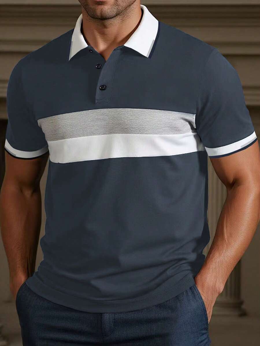 Manfinity Homme 大尺碼橫條紋藍白灰拼接羅紋拉鍊休閒 Polo 短袖襯衫 - 藍色 - 查看 1