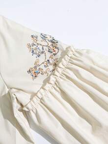 SHEIN Blus Wanita Lengan Panjang Model Baru Musim Semi/Gugur, Trim Ruffle, Motif Kontras Warna, Potongan Lipit, Warna Aprikot, Blus Lengan Panjang - Aprikot - View 5