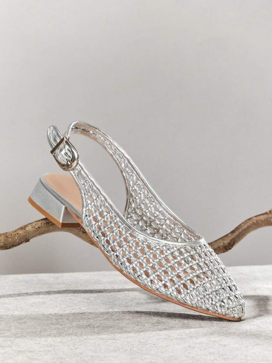 SHUZIA Women's Go Anywhere Block Heel Point Toe Metallic Pu Silver Woven Slingback Mules – Breezy Comfort & Elegant Summer Style - Silver - View 1