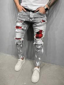 ROMWE MEN Grunge Punk 男士口袋贴片设计时尚百搭休闲牛仔裤 - 灰色 - 查看 2