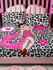 Betty Boop x SHEIN 3-Piece Set, Gray Background Pink Cartoon Character Printed Mattress Set, Pink Cartoon Pattern, Cartoon Character Decoration, Leopard Print Pattern, Suitable For Room Decoration, Microfiber Material, Machine Washable, Multi-Season Application - Multicolor - View 6