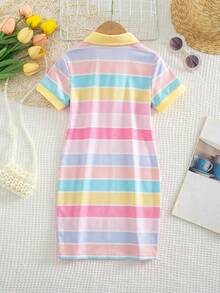 SHEIN 女童度假條紋拼接鈕扣半開襟 Polo 洋裝，返校穿搭日常洋裝，適合夏季與秋季 - 彩色 - 查看 3