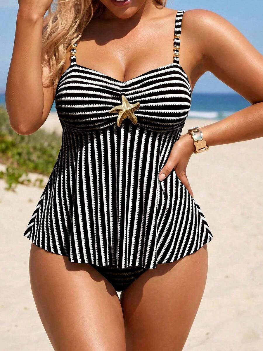 Swim Lushoire 2026 New Metal Decor Ruched Front Tummy Control Plus Size Spaghetti Strap Beach Swimsuit For Women - Black and White - View 1