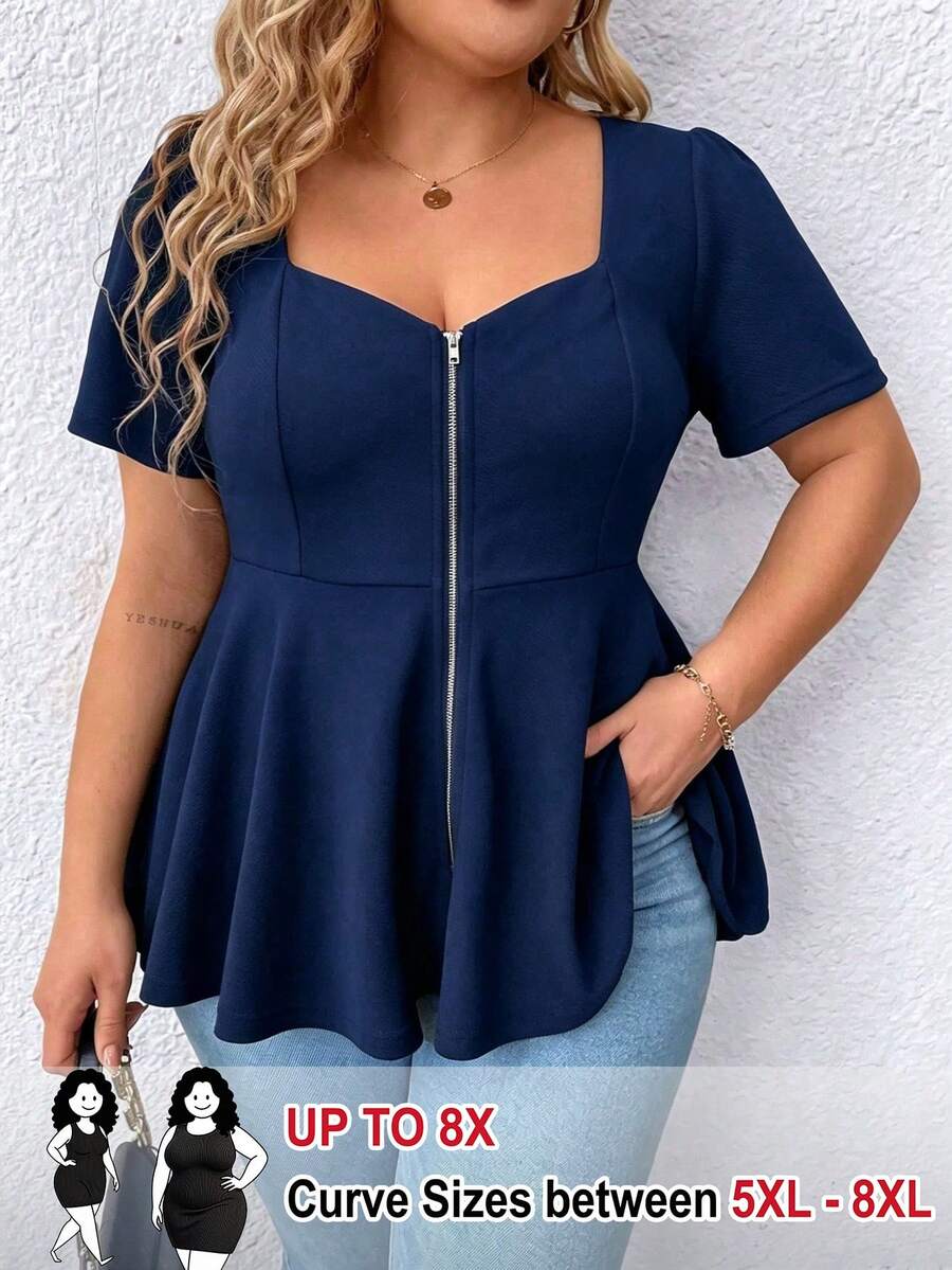 SHEIN CURVE+ 女士新款夏季短袖藏蓝色金属拉链衬衫，波浪形下摆，菱形领设计，简约办公休闲装 - 藏蓝色 - 查看 1