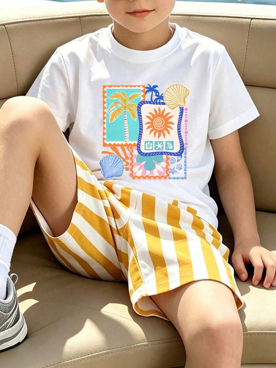 SHEIN Playful Pals 小男孩度假風酷趣椰子樹海灘貝殼英文標語印花圖案設計,直條紋滿版印花設計,時尚圓領短袖T恤與短褲套裝,運動套裝,適合假期聚會與派對,春季/夏季輕鬆舒適,夏季必穿之選,時尚休閒穿搭,春季/夏季街頭風,外出休閒穿搭,返校派對,適合戶外野餐、街拍、校園、假期、禮物使用 春季/夏季 - 彩色 - 查看 1