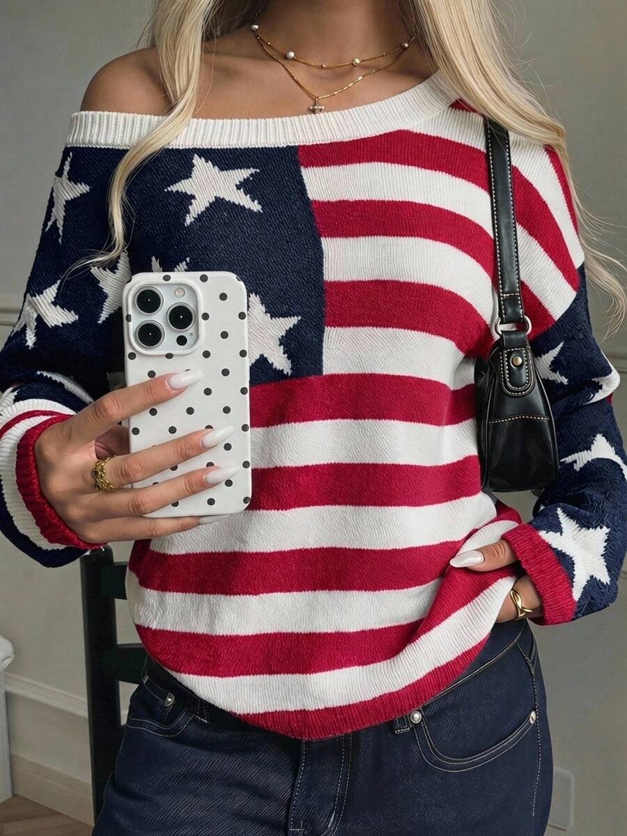 CovetEZ Women's American Flag Pattern Asymmetrical Shoulder Long Sleeve Sweater - Blue - View 1