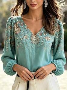 Breezaya Vintage Casual Printed Long Sleeve Shirt - Green - View 4