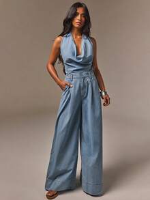 Athîral Denim 女款休閒牛仔掛脖淺藍水洗連身褲，露背連身褲，牛仔連身褲，寬鬆寬腿連身褲，街頭風 - 淺色水洗藍 - 查看 4
