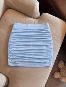 INAWLY Women's Light Blue Solid Color Pleated Bodycon Fashion Sexy Skirt - Baby Blue - View 2