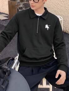 Mirajuku 青少年男孩半拉鍊 Polo 領運動衫，休閒街頭風可愛黑色長袖套頭衫，袋鼠口袋，秋冬季，適合六年級派對 - 黑色 - 查看 1