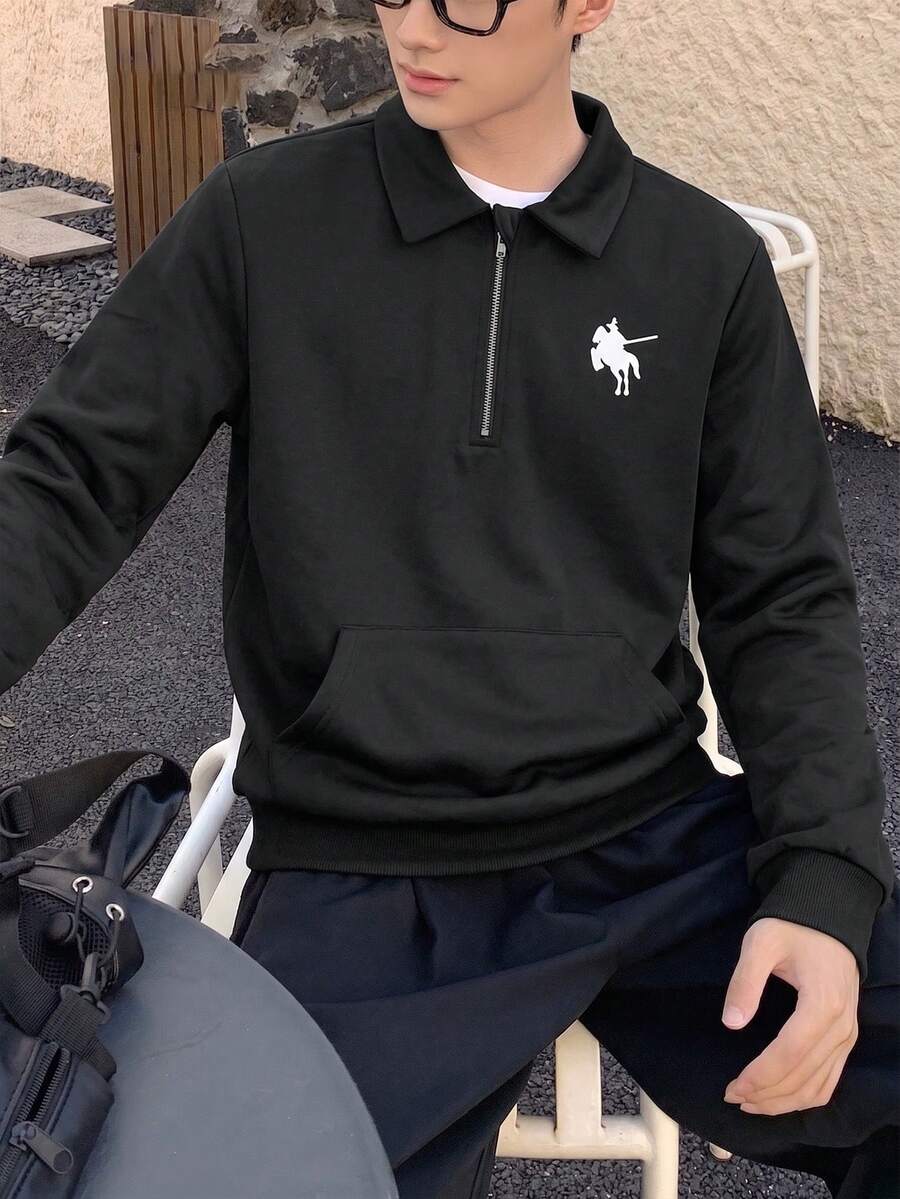 Mirajuku 青少年男孩半拉鍊 Polo 領運動衫,休閒街頭風可愛黑色長袖套頭衫,袋鼠口袋,秋冬季,適合六年級派對 - 黑色 - 查看 1