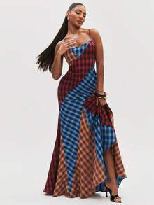 NYA SZN Dress Sleeveless Fitted Patchwork Plaid Club Party Sexy Concert Chic Cute Streetwear Brunch Everyday Casual Festival Y2K Red Blue Summer Fall Winter - Multicolor - View 4