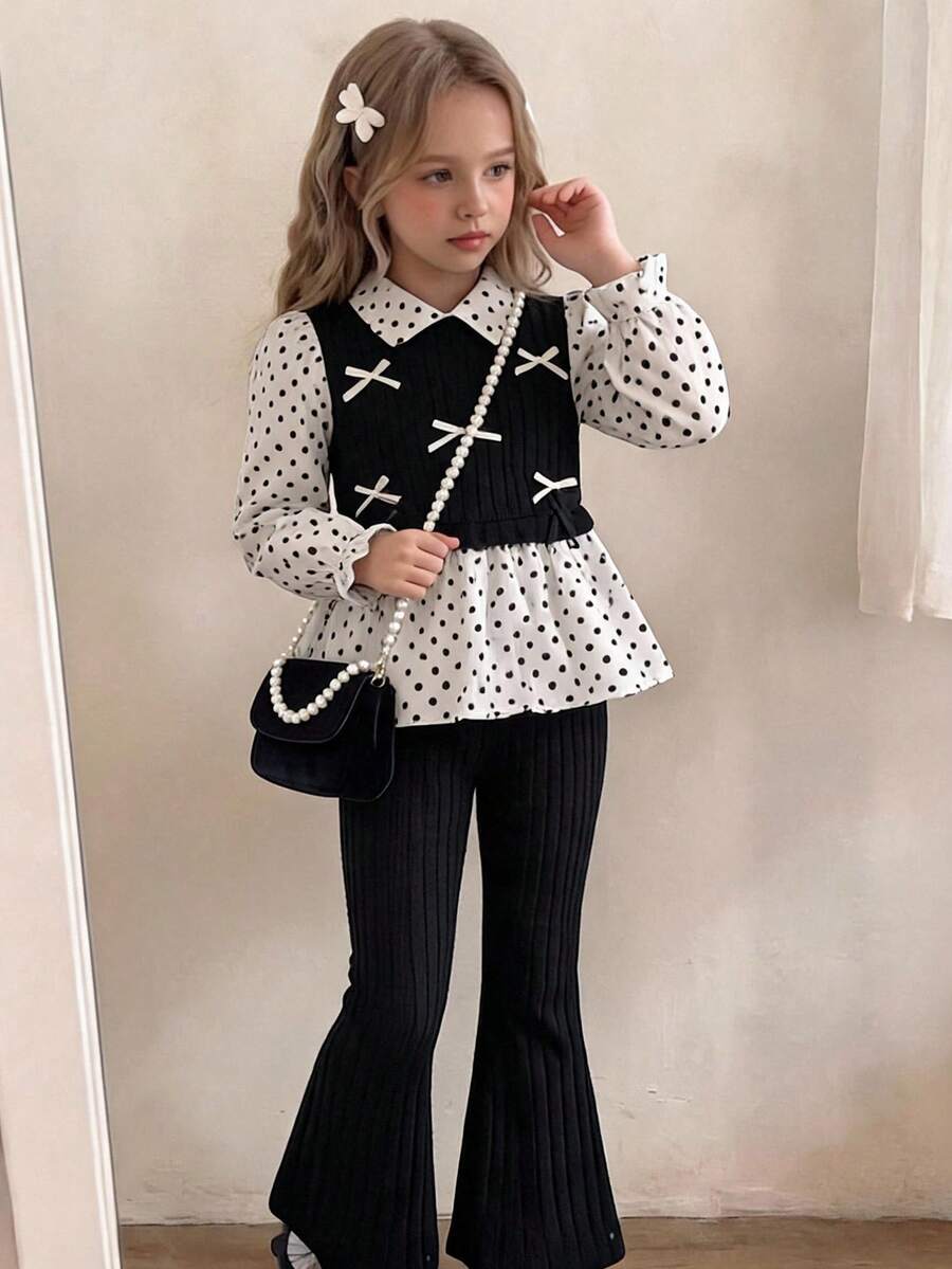 SHEIN 幼女甜美3件套,波點領泡泡袖上衣,白色蝴蝶結裝飾垂直羅紋針織背心,搭配紋理彈性腰喇叭褲,經典黑白配色,寬鬆版型,適合日常穿著、上學與外出,可愛百搭 - 黑色 - 查看 1