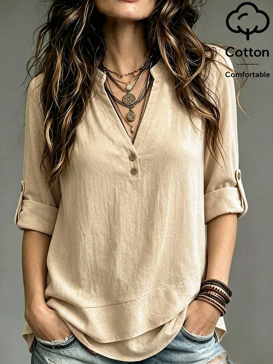 SHEIN Oatmeal Solid Color Washed Textured Round Neck Half-Open V-Placket With Two Brown Wooden Buttons Cuff Button Loops Foldable Double-Layer Asymmetrical Curved Hem Loose Mid-Length Shirt - Apricot - View 1